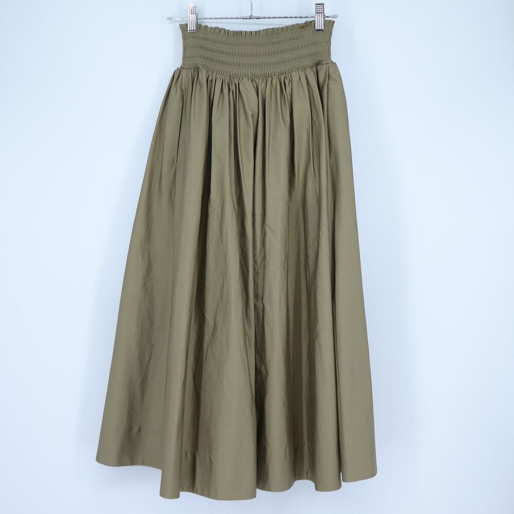 Nordstrom Smocked Cotton Midi Skirt Olive Green A-Line Pull On Women's XS - Picture 2 of 8